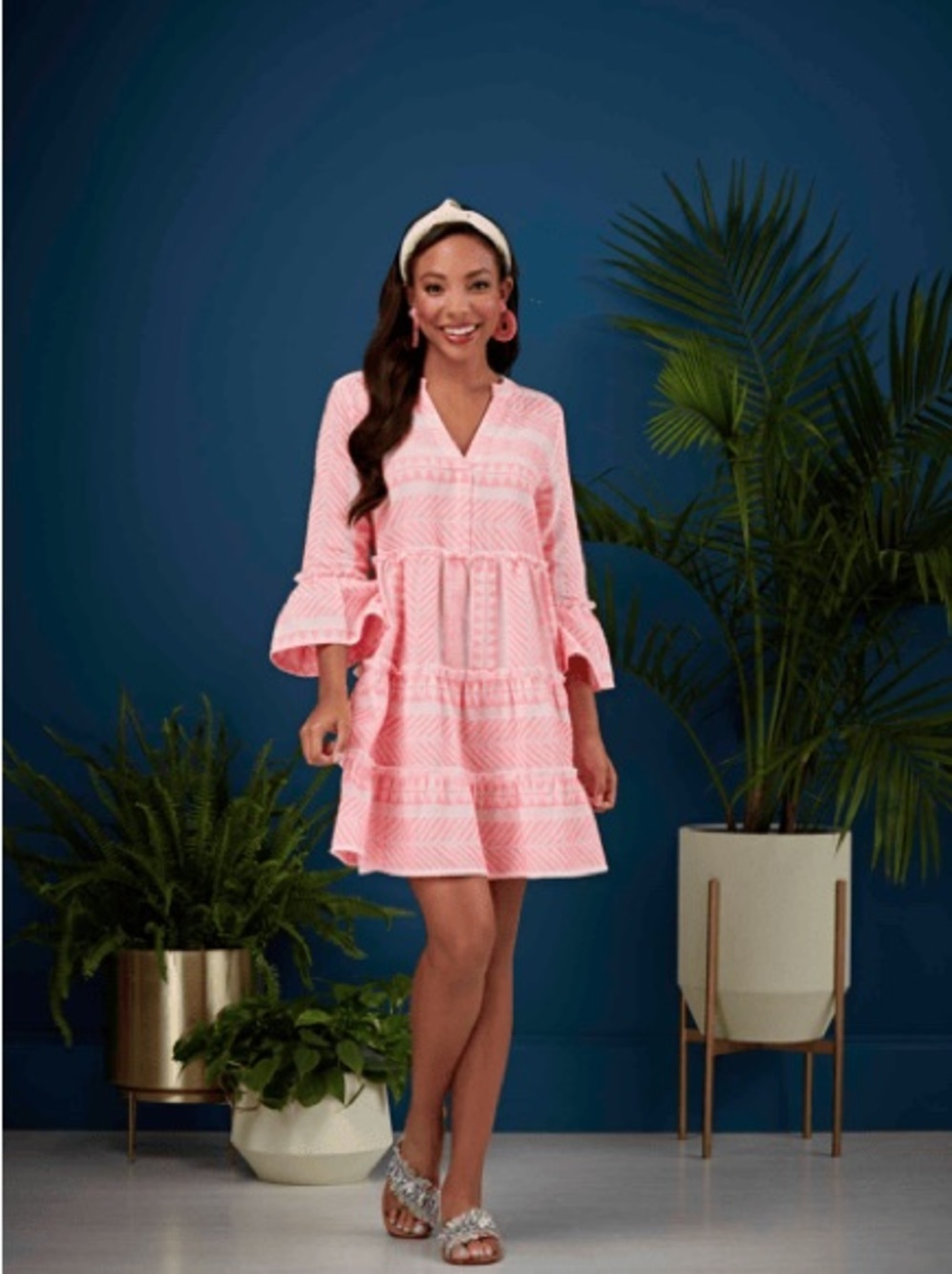 Mud Pie Renee Hot Pink Yarn Dye Tiered V-Neck Mini Dress S